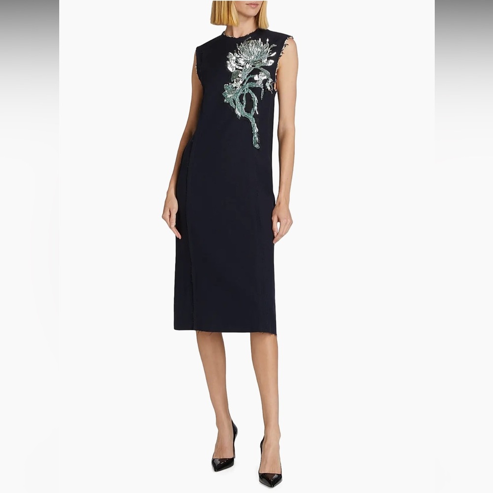 JASON WU COLLECTION•Floral Bead Sequined Midi Shift Dress•Navy•Sz 6